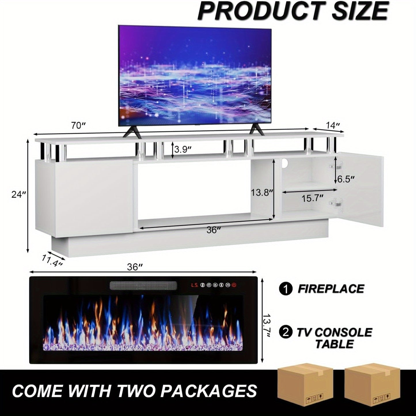 Entertainment Center with Electric Fireplace – 70" Modern TV Stand for TVs Up to 80", 36" LED Flame, High Gloss Cabinet, Multi-Color Options for Living Room
