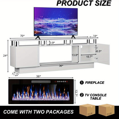 Entertainment Center with Electric Fireplace – 70" Modern TV Stand for TVs Up to 80", 36" LED Flame, High Gloss Cabinet, Multi-Color Options for Living Room
