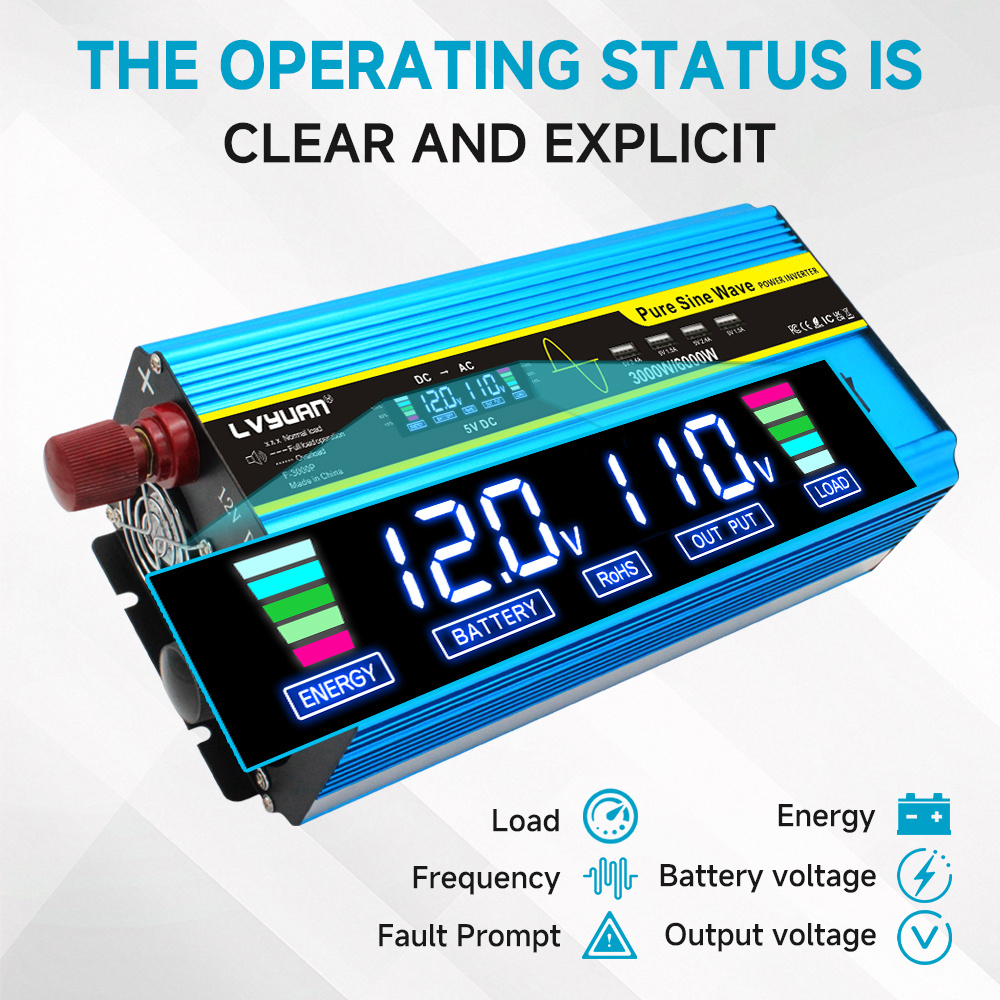 Pure Sine Wave Inverter 3000W 6000W Peak DC 12V 24V to AC 110V with LCD Display 4 AC Outlets Wireless Remote Control for RV Truck Vehicle Camping Home Backup
