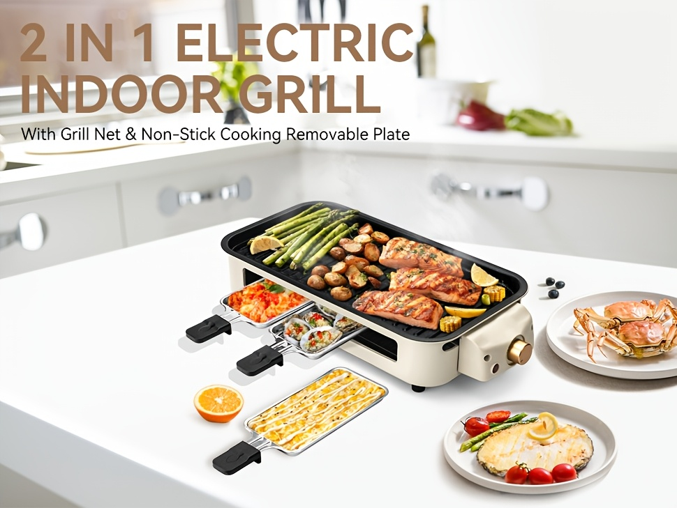 Indoor Electric Smokeless Grill 1700W with Raclette Pans, Non-Stick Dishwasher Safe Plate, Portable Tabletop BBQ Griddle for Couples