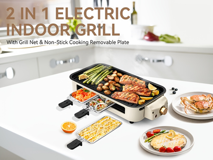Indoor Electric Smokeless Grill 1700W with Raclette Pans, Non-Stick Dishwasher Safe Plate, Portable Tabletop BBQ Griddle for Couples