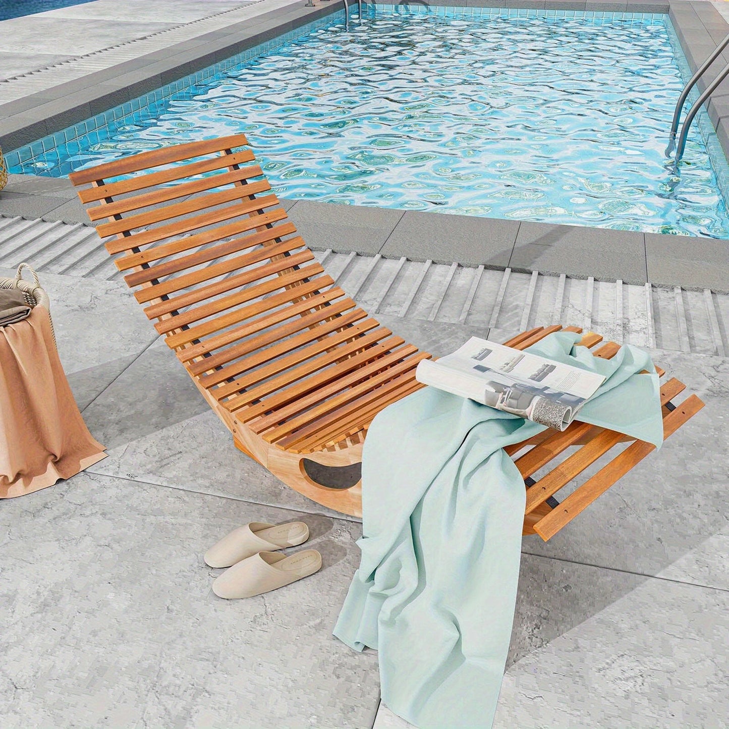Acacia Wood Rocking Chaise Lounge Outdoor High Back Ergonomic Slatted Seat Stopper 350lb Patio Rocker for Deck Poolside Garden