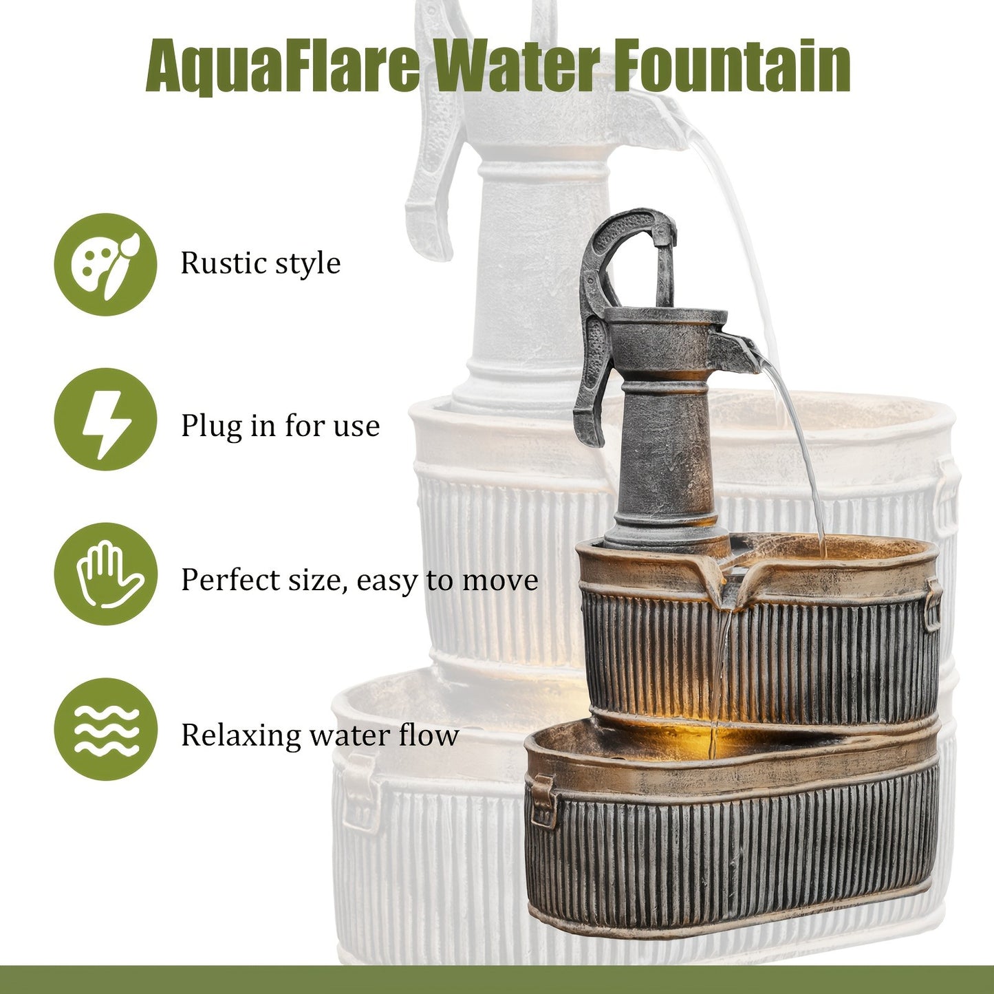 Outdoor Water Fountain 2-Tier Barrel with LED Light & Pump - Rustic Resin Garden Fountain for Patio, Yard & Deck Decor, Bronze Finish, Continuous Flow
