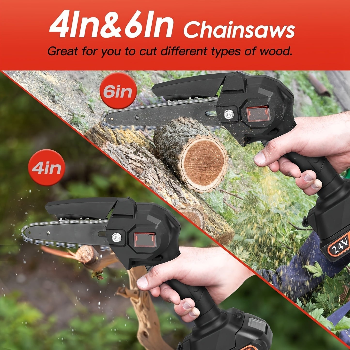 Tree Trimmer Pole Saw Cordless 2-in-1 with 4" & 6" Chains, 24V 1500mAh×2 Batteries, 3-Section Extendable to 71" & 90° Swivel Head for Branch Cutting