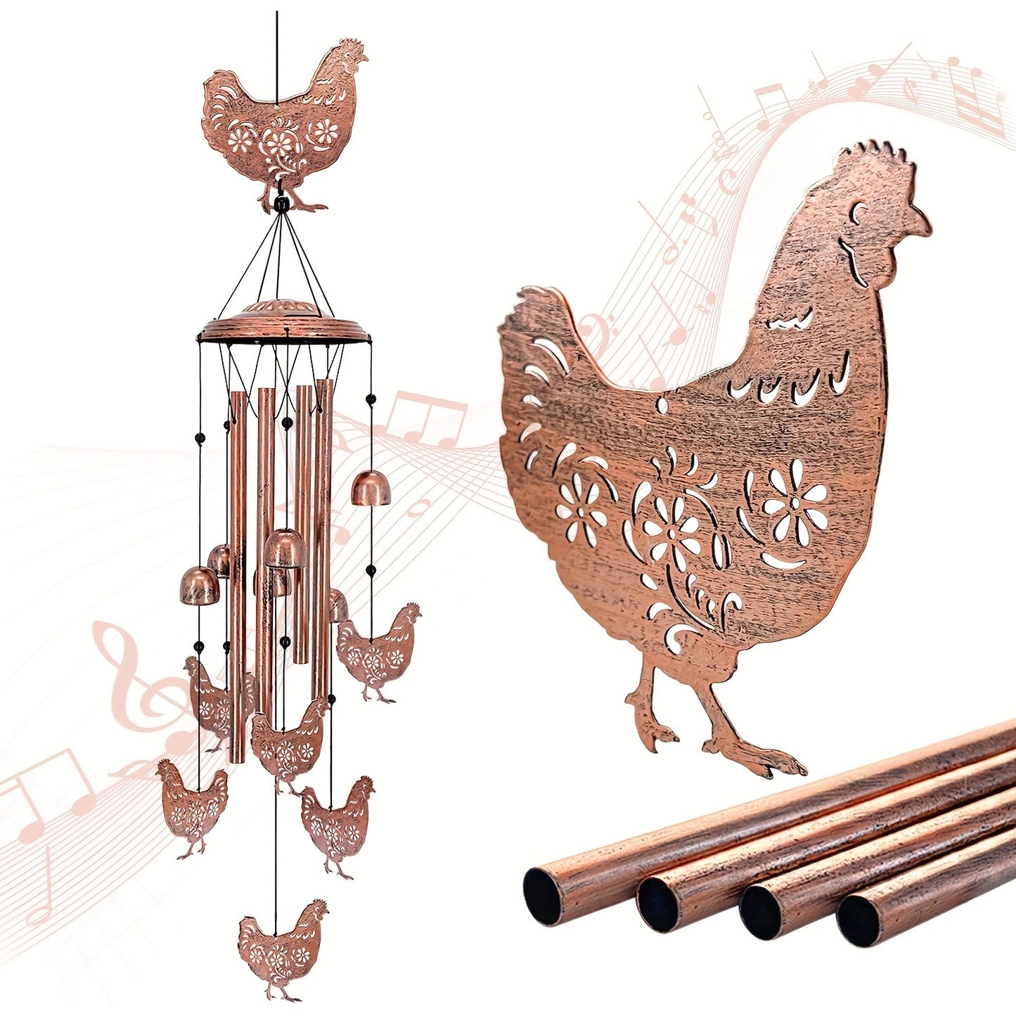 Wind Chime Outdoor Chicken Farmhouse Decor - Aluminum Tube Soothing Sound Garden Porch Patio Hanging Ornament