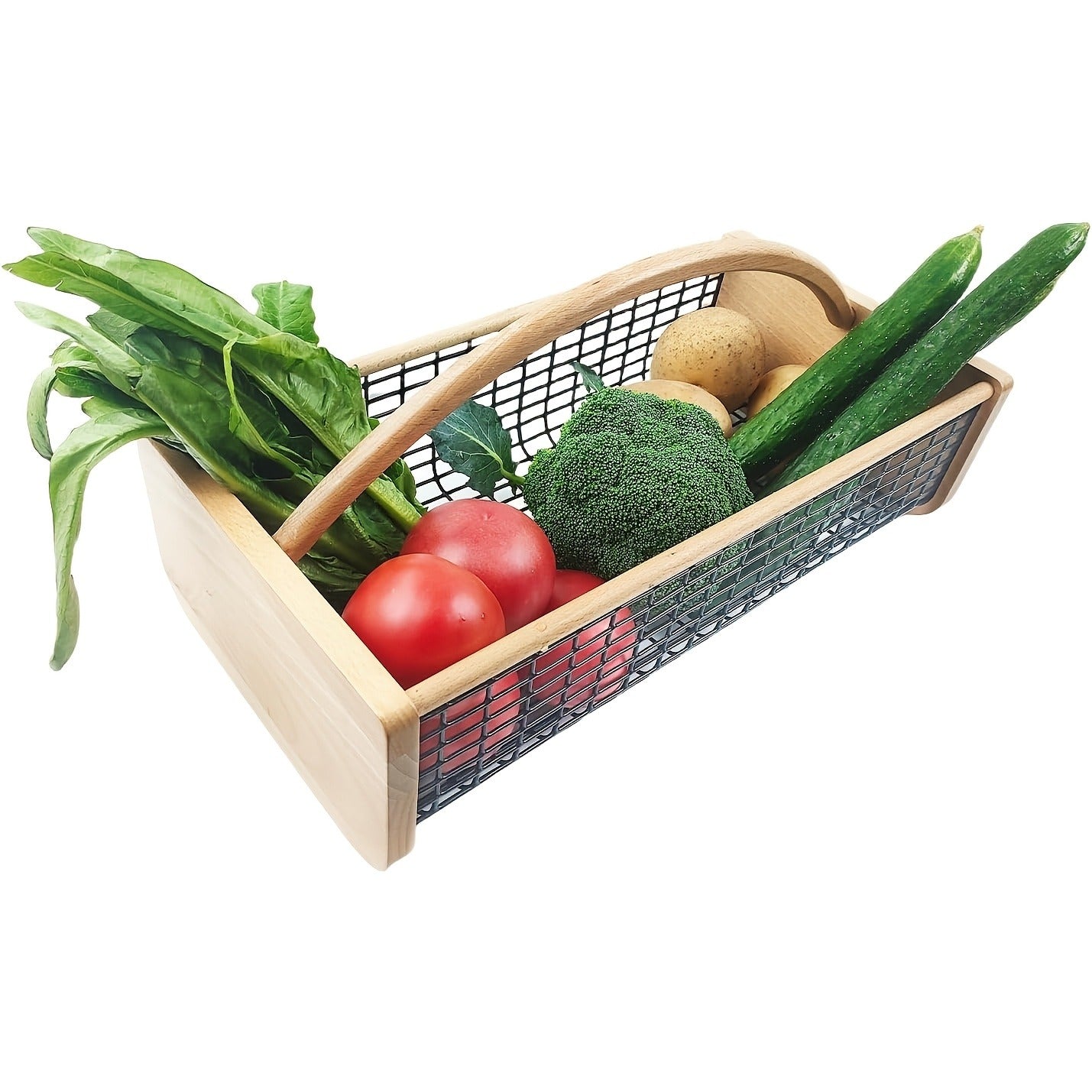 Garden Harvest Basket Metal Mesh with Wooden Handle – Rectangle Vegetable Fruit Picking Basket for Garden, Kitchen & Farmhouse Storage, Wash & Drain Design, Small & Large, Black