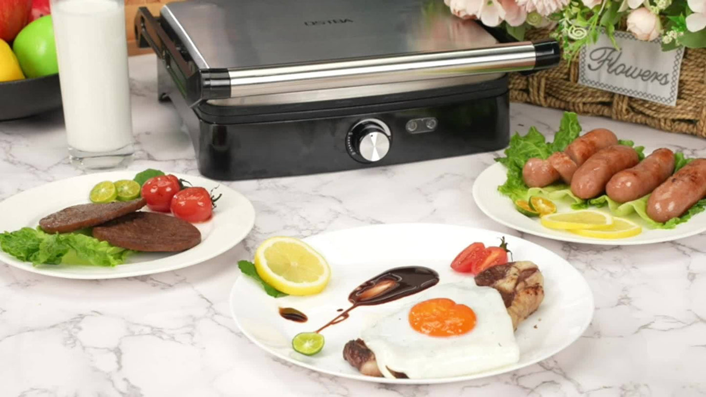 Panini Press Grill Indoor Sandwich Maker 4 Slice – Non-Stick 1200W Electric Grill with Temperature Control, 180° Opening, Removable Drip Tray | Countertop Steak & BBQ Grill