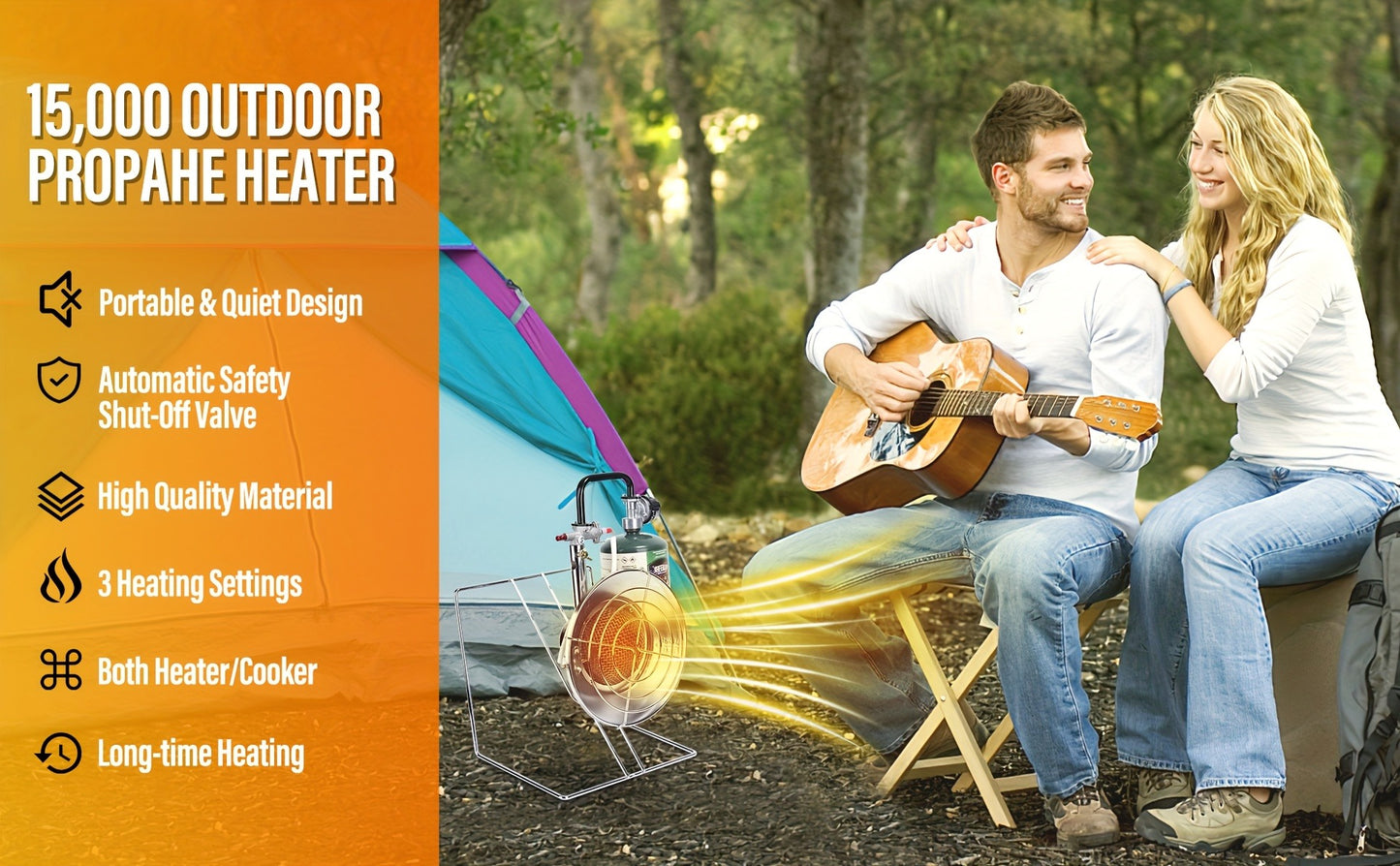 Portable Propane Heater 15,000 BTU with 8ft Hose & Piezo Igniter, 2-in-1 Propane Heater & Cooker, Tip-Over Protection, 3 Heat Settings – Camping, Garage, Patio, Ice Fishing, Hunting