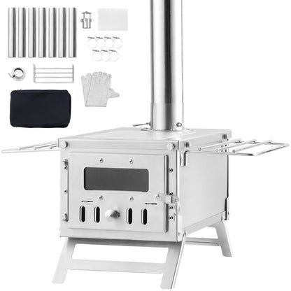 Wood Stove Camping Tent Stove 80 Inch Stainless Steel, 700in³ Firebox, 8 Accessories, BBQ Grill Plate, Chimney Pipes, Portable Outdoor Heating & Cooking, 11.71 lbs