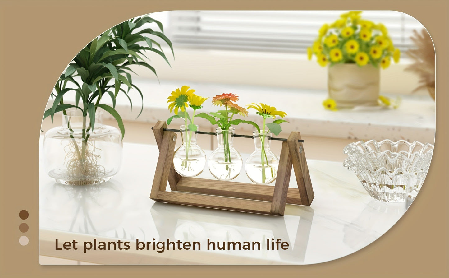 Glass Terrarium Heart Shaped Hydroponic Vase with Wooden Stand - Elegant Plant Propagation Station for Home Decor, Romantic Gift Idea for Women Plant Lovers, Boho Desk Decor