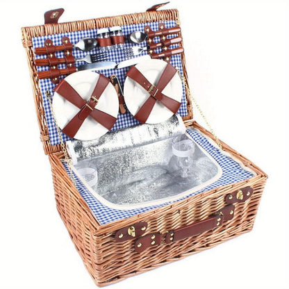 Wicker Picnic Basket for 4 with Insulated Cooler – Large Willow Hamper Set with Cutlery, Ceramic Plates, Wine Glasses for Camping, BBQ & Outdoor Gatherings