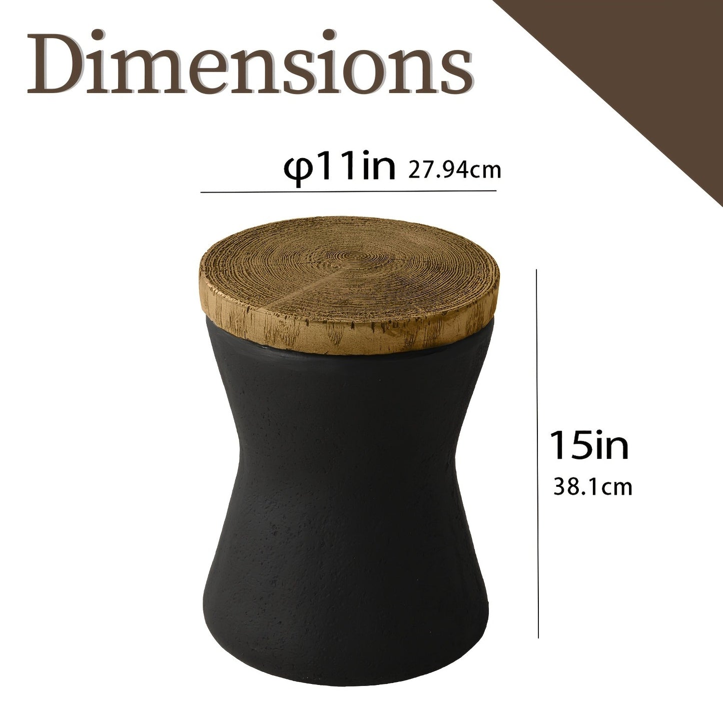 Outdoor Side Table 17in Concrete with Wood-Look Top, Accent End Table for Patio, Garden Stool for Living Room, Bedroom, Backyard Decor, Black & Hourglass Style