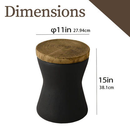Outdoor Side Table 17in Concrete with Wood-Look Top, Accent End Table for Patio, Garden Stool for Living Room, Bedroom, Backyard Decor, Black & Hourglass Style