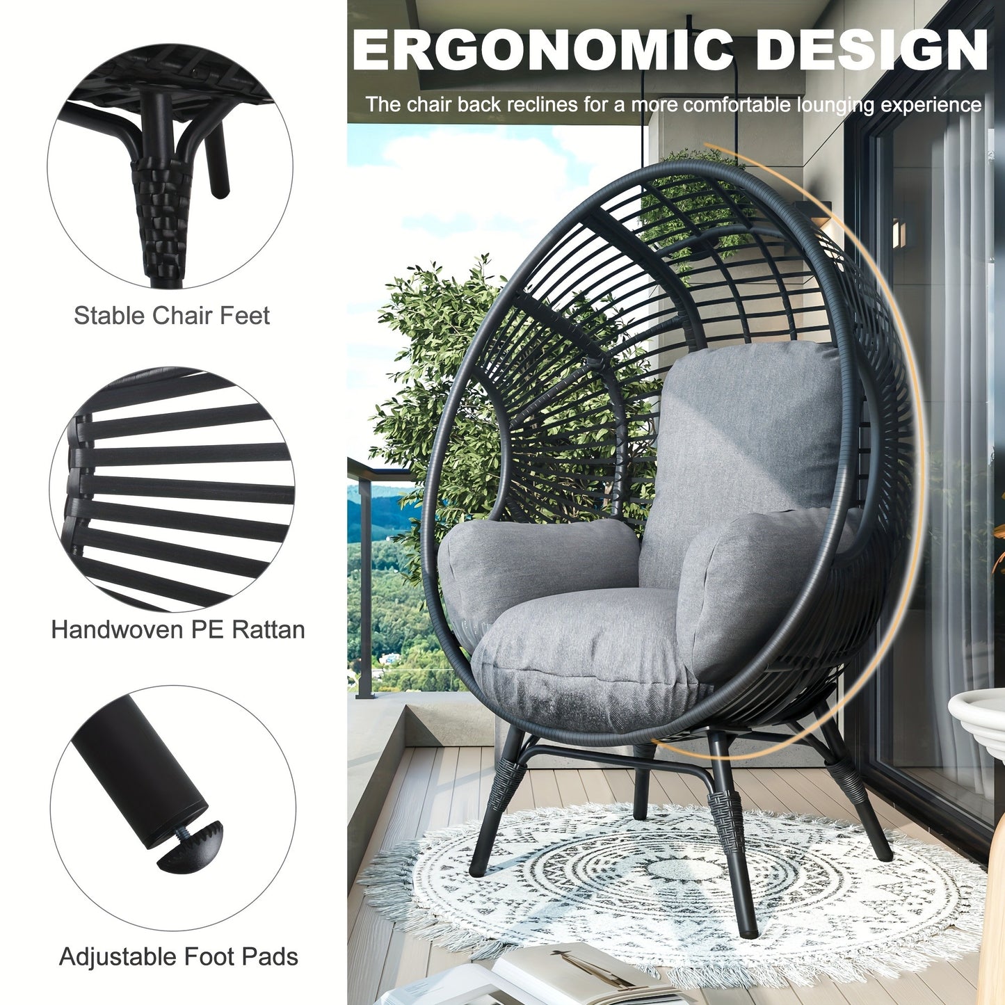 Egg Chair Outdoor Wicker Oversized Hanging Basket Chair with Stand & Cushion 500LBS Capacity UV-Resistant Rattan Style Patio Lounge Chair for Garden Backyard Balcony Porch Beige Black