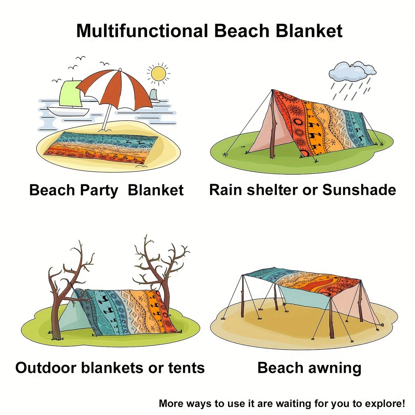 Bohemian Picnic Blanket Lightweight Quick-Dry Outdoor Mat 81"x79" – Fashion Beach Blanket for Camping, Travel, Beach Games & Vacation