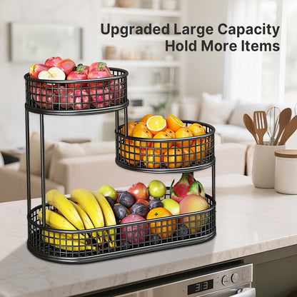3-Tier Metal Fruit Basket Large Capacity Black Wire Rack | Kitchen Countertop Organizer for Fruits Vegetables Bread Snacks