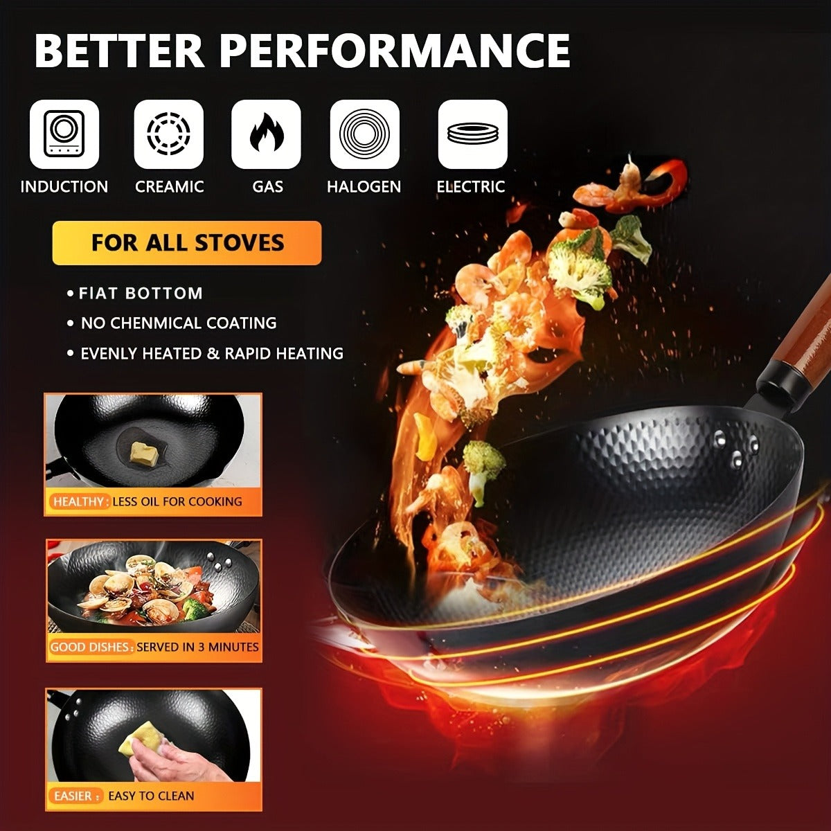 Wok Set Cast Iron 12.6 Inch Nonstick with 13 Accessories – Natural Nonstick No Chemical Coating Stir Fry Pan with Lid & Detachable Handle | Gas Electric Induction Ceramic Stovetop Kitchen Gift