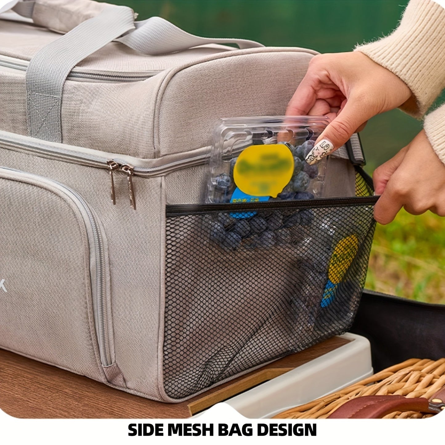 Insulated Picnic Basket Foldable Wicker with Cooler Box – Large Capacity Thermal Lunch Carrier Bag for Outdoor Camping, Beach & Picnics, Portable Wicker Cooler Basket, Khaki