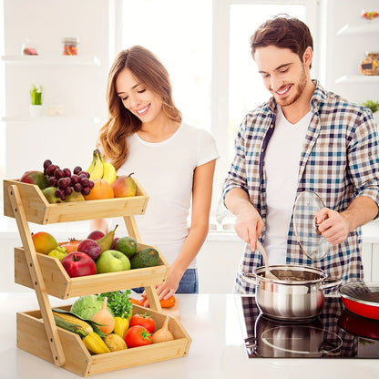 Fruit Basket Stand 2 & 3 Tier Wooden Countertop Organizer Large Capacity Kitchen Storage for Fruits Vegetables Bread Produce with Banana Hooks Natural Wood