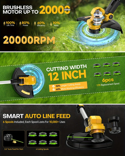 Cordless String Trimmer for DeWalt 20V Max, 12-Inch 20000RPM Brushless 3-in-1 Weed Eater with Auto-Feed, 6 Blades & 4 Spools – Lawn Edger & Patio Cleaner, Tool Only