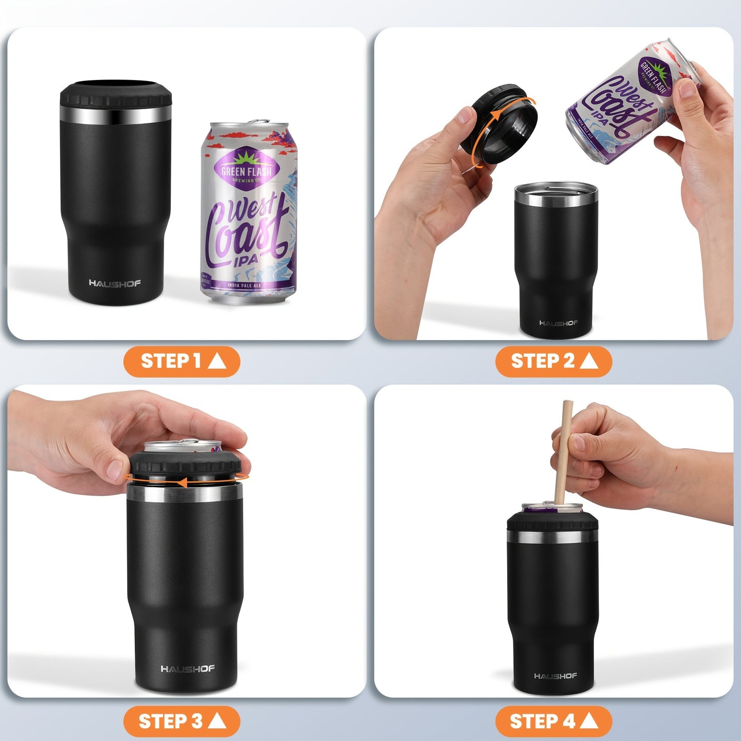 Can Cooler Insulated Stainless Steel 4-in-1 for 12 oz Standard Slim Can & Beer Bottle – Double Wall Sweat-Proof Beer Koozie for Camping Beach Tailgate BBQ Outdoor Party