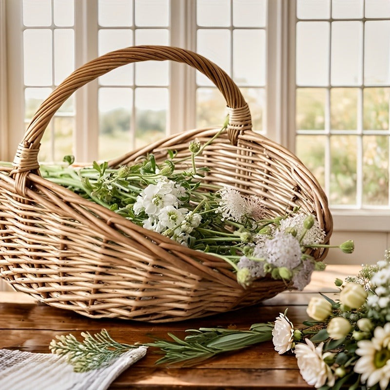 Natural Wicker Basket with Thick Walls – Handmade Farmhouse Storage Organizer for Flowers, Fruits & Vegetables, Rustic Indoor Outdoor Decor, 1 Piece