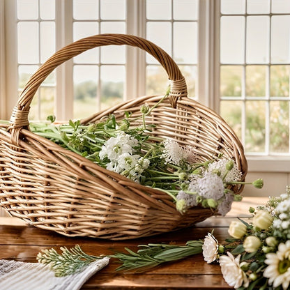 Natural Wicker Basket with Thick Walls – Handmade Farmhouse Storage Organizer for Flowers, Fruits & Vegetables, Rustic Indoor Outdoor Decor, 1 Piece