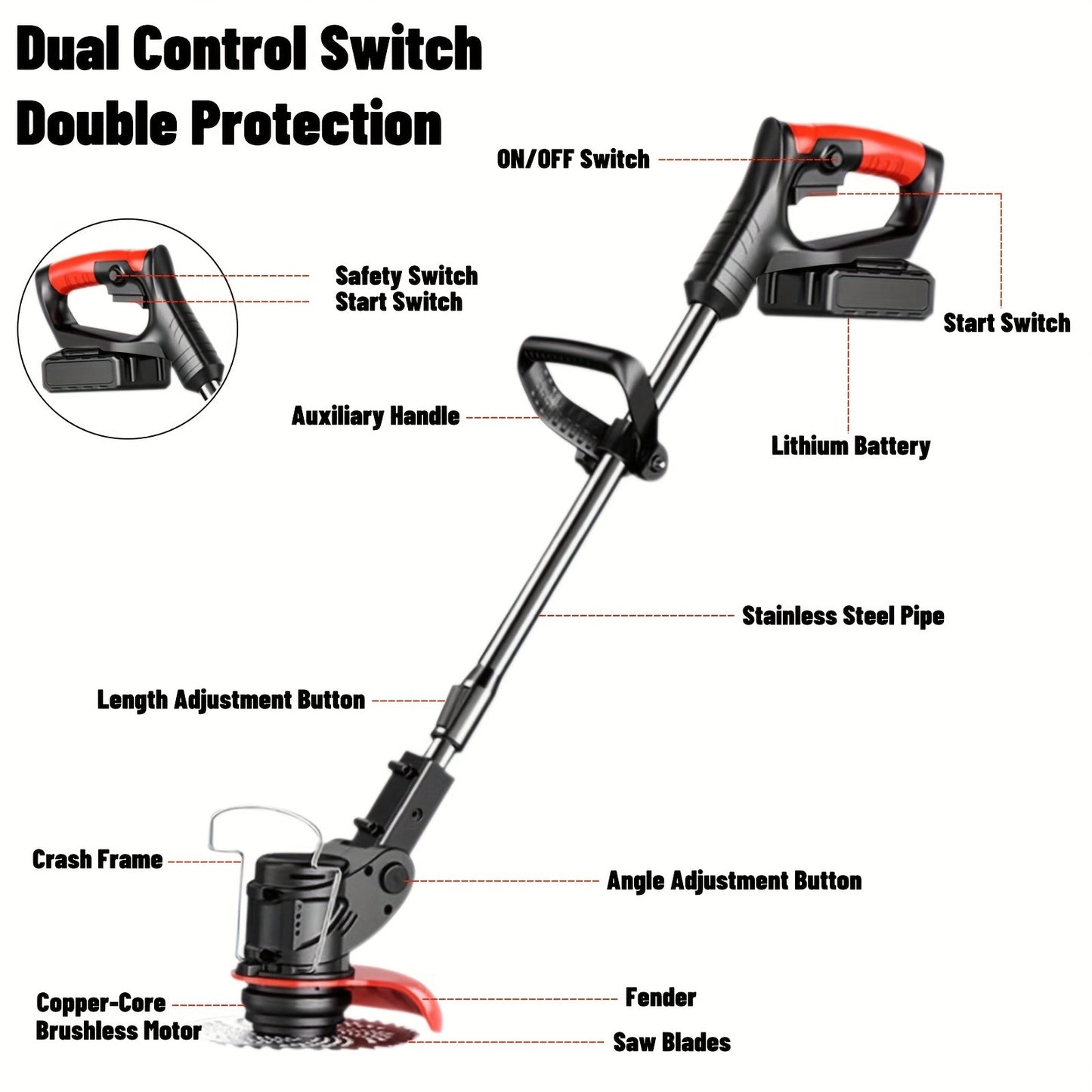 Cordless String Trimmer 24V 800W – Weed Wacker with 2 Batteries, Charger & 3 Blades, Adjustable Head, Brush Cutter & Lawn Edger