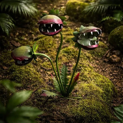 3D Metal Garden Sculpture Plaque – Scary Three-Head Flower Eating Monster Outdoor Lawn Decoration