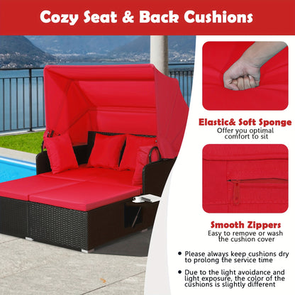 Outdoor Wicker Daybed with Retractable Canopy Side Tables Cushions PE Rattan Patio Lounge Bed Sun Lounger for Backyard Garden Pool