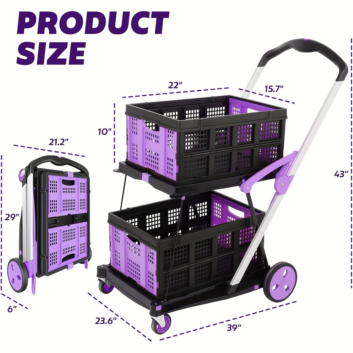 Collapsible Utility Cart 200 lb Heavy Duty Foldable Shopping Trolley 4-Wheel 360° Swivel Locking Brake Lightweight Portable Dolly for Grocery Mall Camping Pink Purple