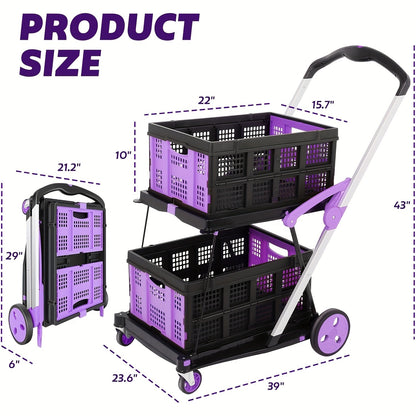 Collapsible Utility Cart 200 lb Heavy Duty Foldable Shopping Trolley 4-Wheel 360° Swivel Locking Brake Lightweight Portable Dolly for Grocery Mall Camping Pink Purple