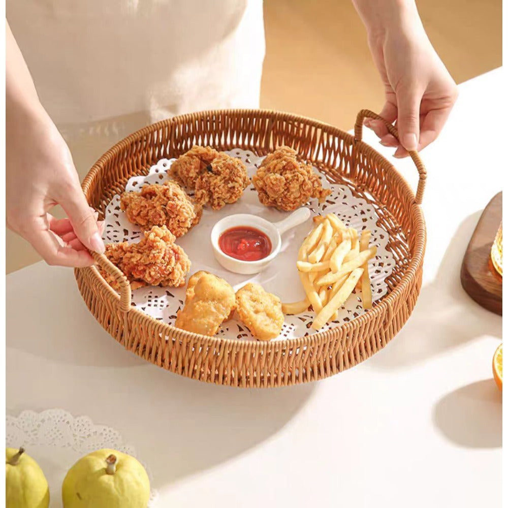 Woven Rattan Bread Basket Set of 3 Round Fruit Basket with Handles for Bread Fruit Vegetables Dim Sum Dining Table Catering Display Decor