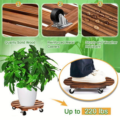 Rolling Plant Stand with Locking Wheels 2-Pack - Heavy Duty Wooden Planter Caddy for Indoor Outdoor Large Potted Plants, 12x12x3 Inch