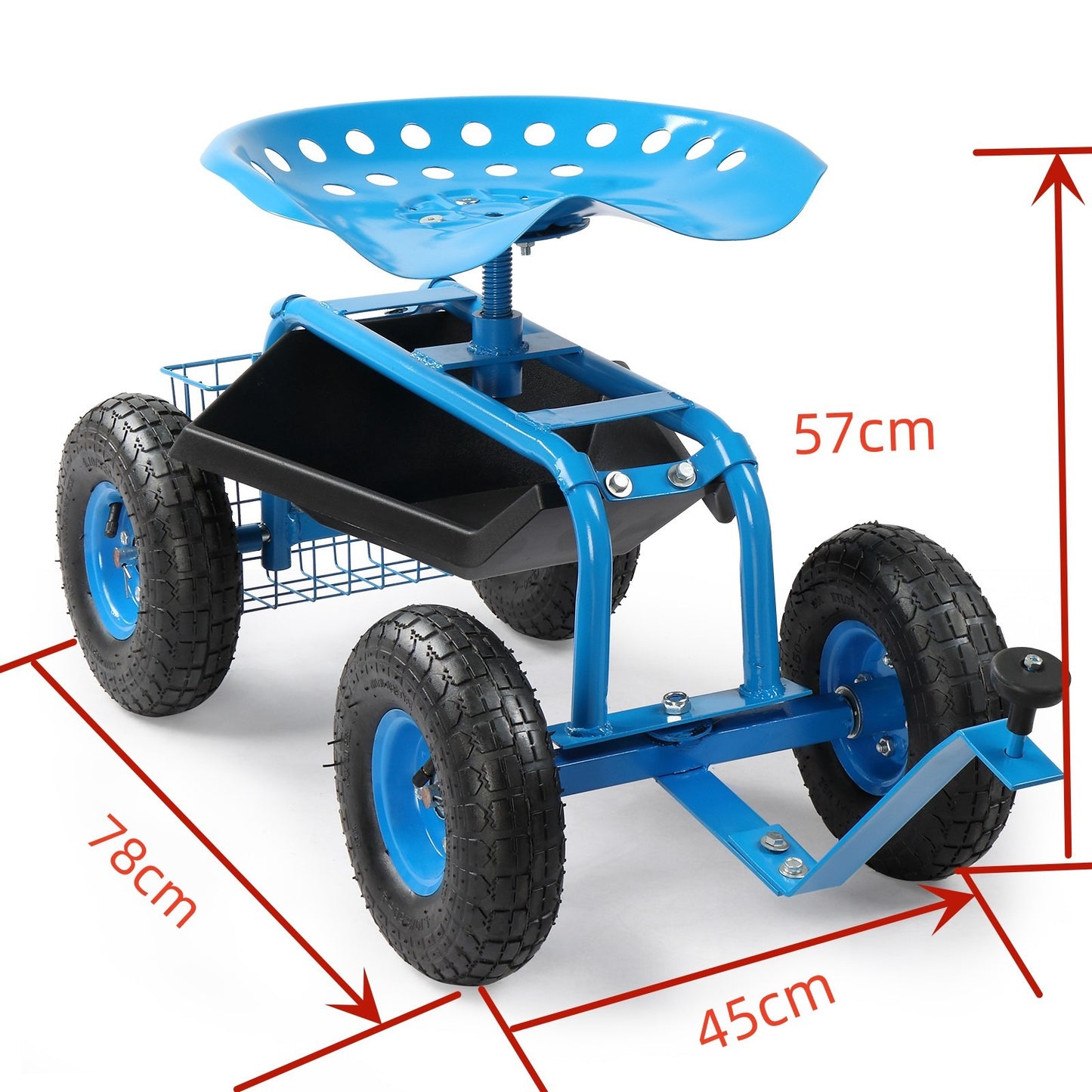 Rolling Garden Seat Cart | Backrest, Cushion, Telescopic Handle & Storage Basket, Steel Frame