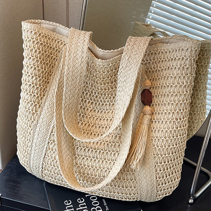 Straw Woven Tote Bag for Women Large Capacity Beach Bag Handwoven Shoulder Bag with Tassel Summer Vacation Travel Shopping Bag