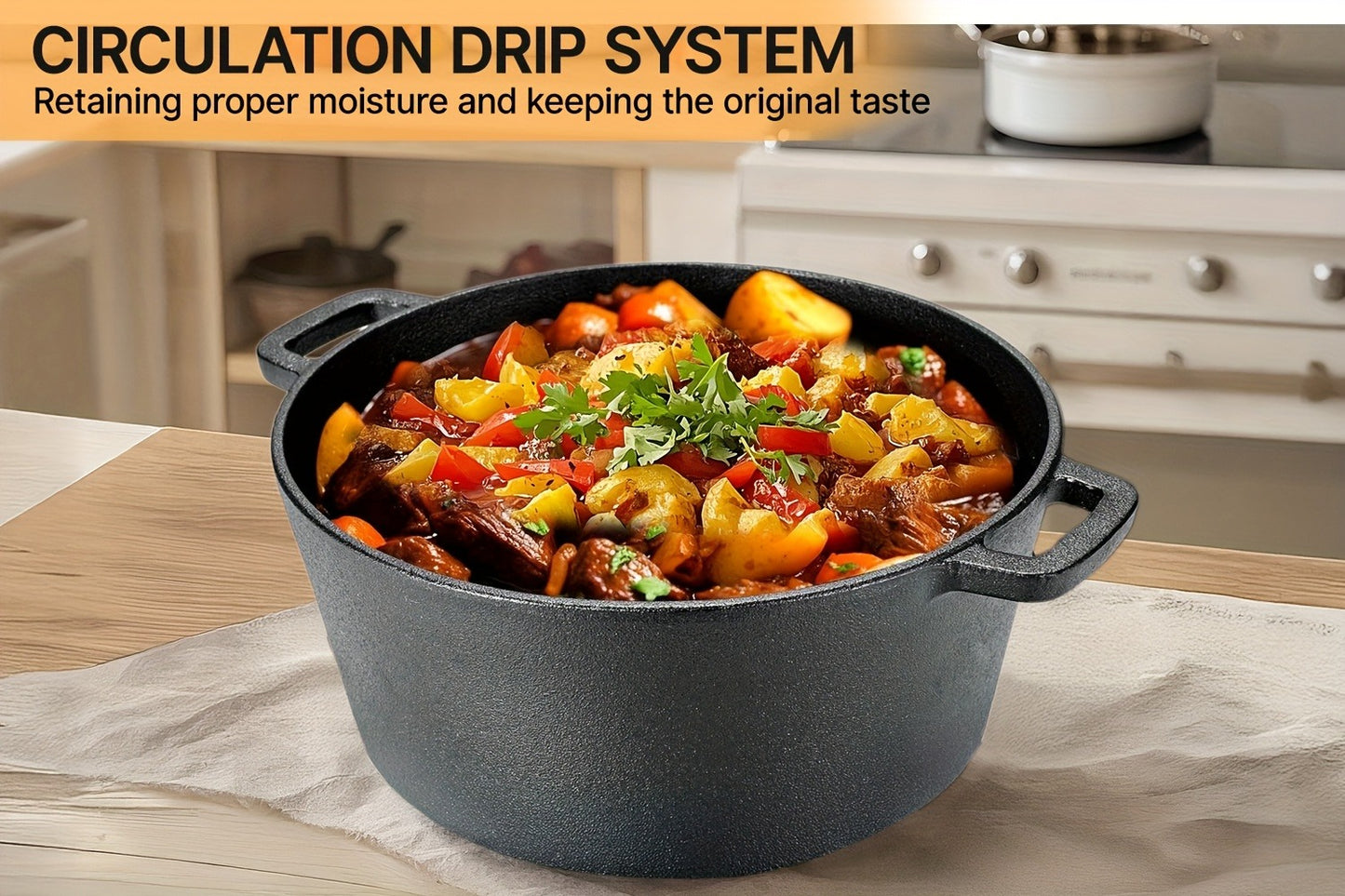 Cast Iron Dutch Oven Pre-Seasoned with Lid – Deep Pot for Bread Baking, Camping, BBQ & Stove | Double Handle, Silicone Lid, Scraper & Stand Included