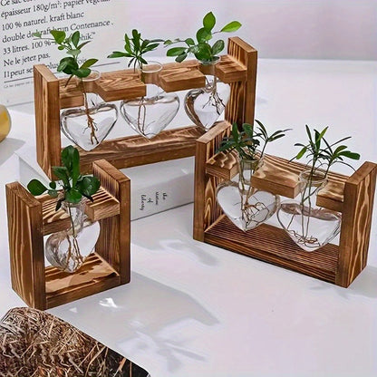 Hydroponic Flower Vase with Wooden Frame Heart-Shaped Pine Glass Bottle for Living Room Desk Home Decor Holiday Gift Single/Double/Triple