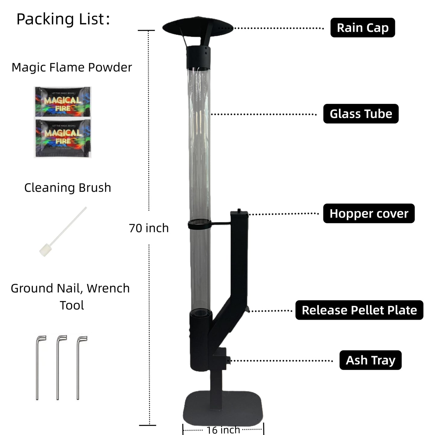 Wood Pellet Patio Heater Portable Gravity Feed Rocket Stove with Glass Tube Flame, Smokeless Non-Electric Outdoor Fire Pit for Backyard, Deck, Camping & RV, Available in 61" & 70" Models
