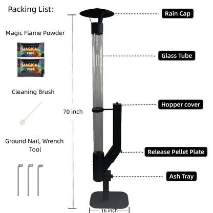 Wood Pellet Patio Heater Portable Gravity Feed Rocket Stove with Glass Tube Flame, Smokeless Non-Electric Outdoor Fire Pit for Backyard, Deck, Camping & RV, Available in 61" & 70" Models