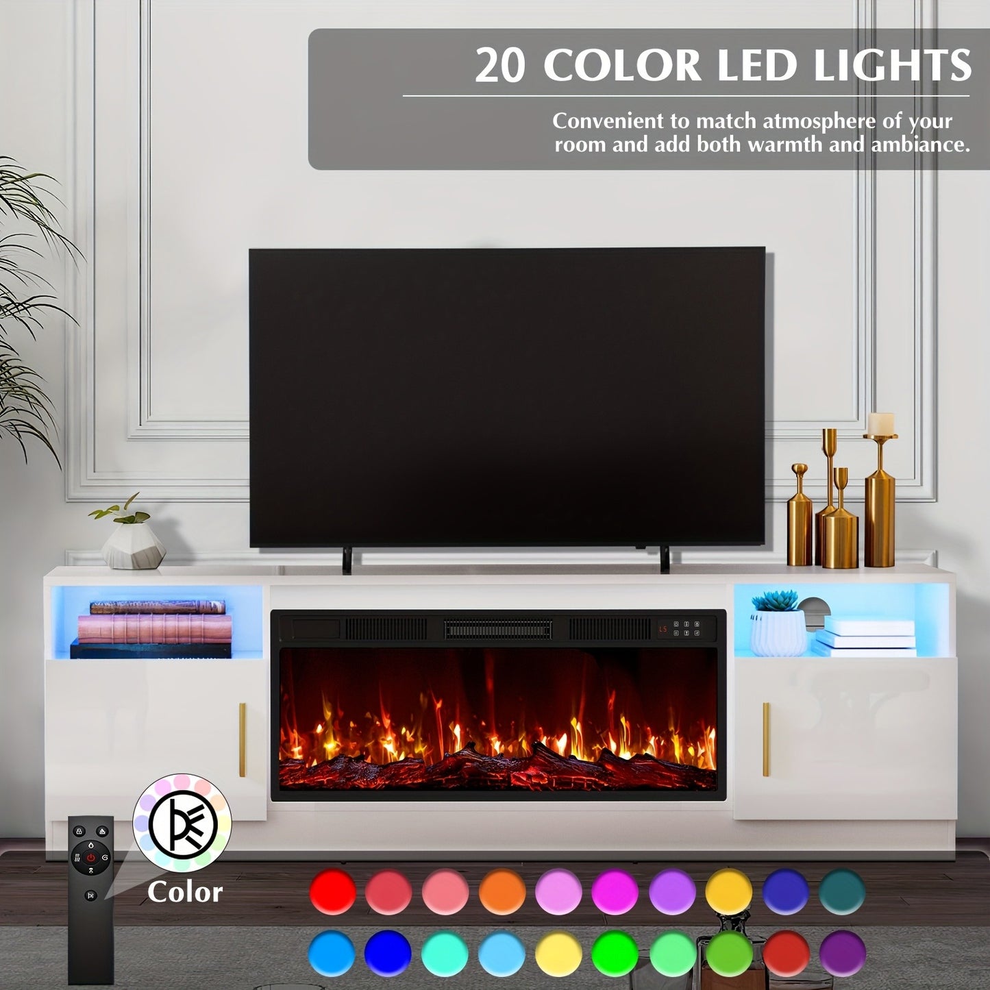 TV Stand with Fireplace 70 Inch for TVs up to 80" 36" Electric Fireplace LED Light Entertainment Center Highlight Storage Cabinet Modern Wood Media Console