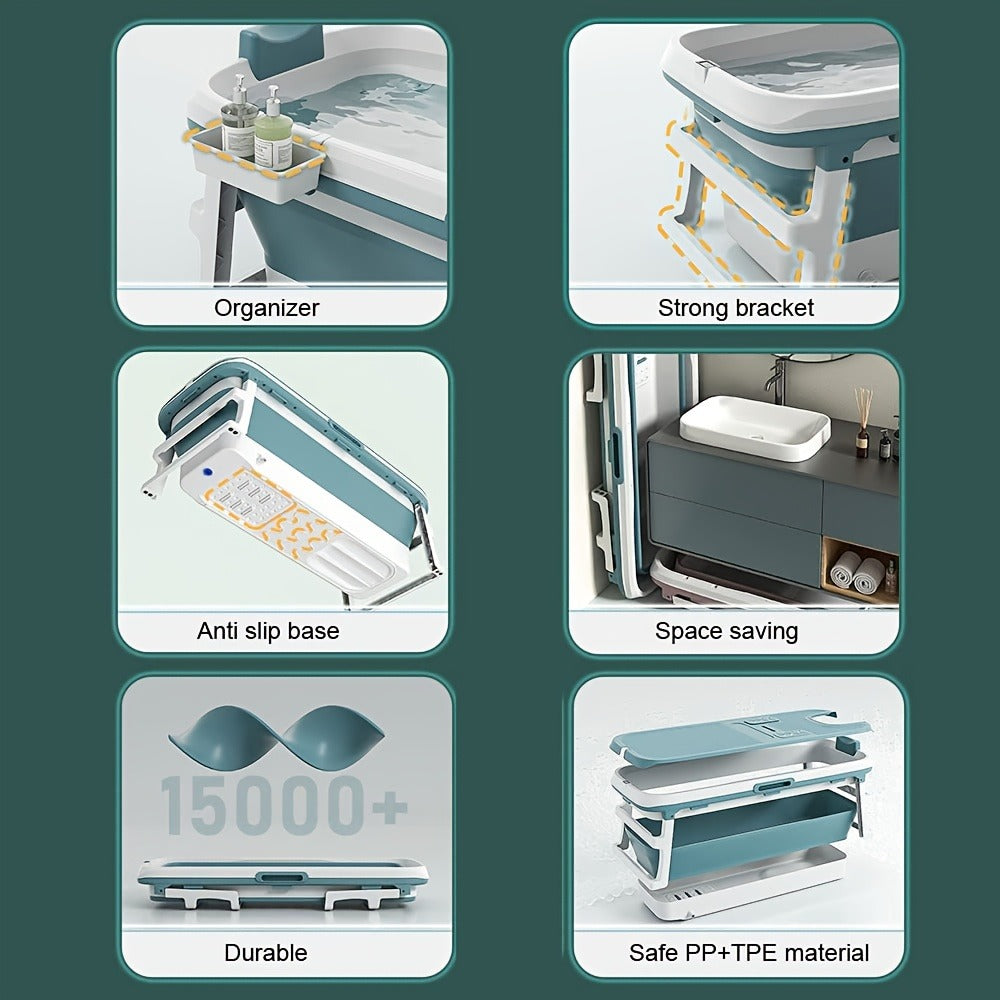 Collapsible Hot Tub for Adults 58 Inch Portable Soaking Bathtub with Thermal Cover Drain Pipe Cushion Non-Slip Mat Large Capacity Easy Storage