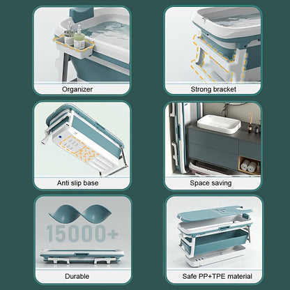 Collapsible Hot Tub for Adults 58 Inch Portable Soaking Bathtub with Thermal Cover Drain Pipe Cushion Non-Slip Mat Large Capacity Easy Storage