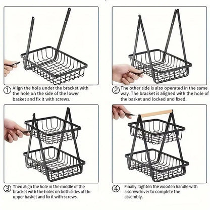 Tiered Fruit Basket with Removable Wooden Handles – 2 or 3 Tier Metal Kitchen Counter Organizer for Produce, Bread & Snacks