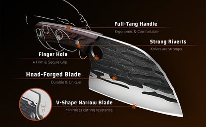 Meat Cleaver Hand Forged Serbian Chef Knife – High Carbon Steel Butcher Knife Full Tang with Leather Sheath | Razor Sharp Chopping Cleaver for Camping BBQ Outdoor Cooking Kitchen Gift