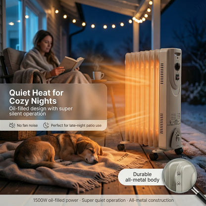 Oil Filled Radiator Heater 1500W Portable Electric Space Heater with 3 Heating Modes 600W/900W/1500W, Adjustable Thermostat, Overheat & Tip-Over Protection, Heavy-Duty Metal Housing with Casters