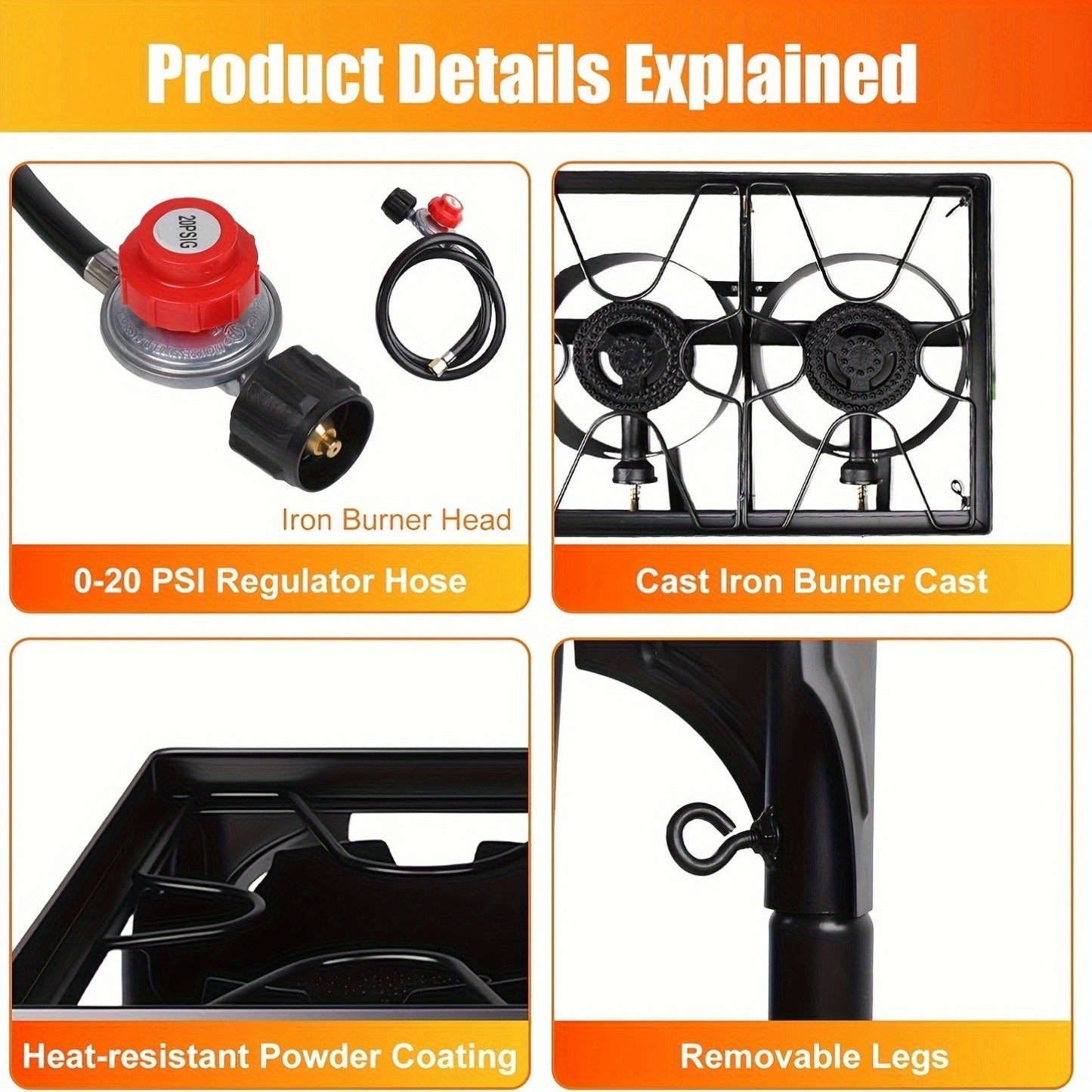 Propane Camp Stove 225000 BTU High-Pressure Burner Portable Outdoor Cooking Stove Detachable Legs Stainless Steel 1/2/3 Burner