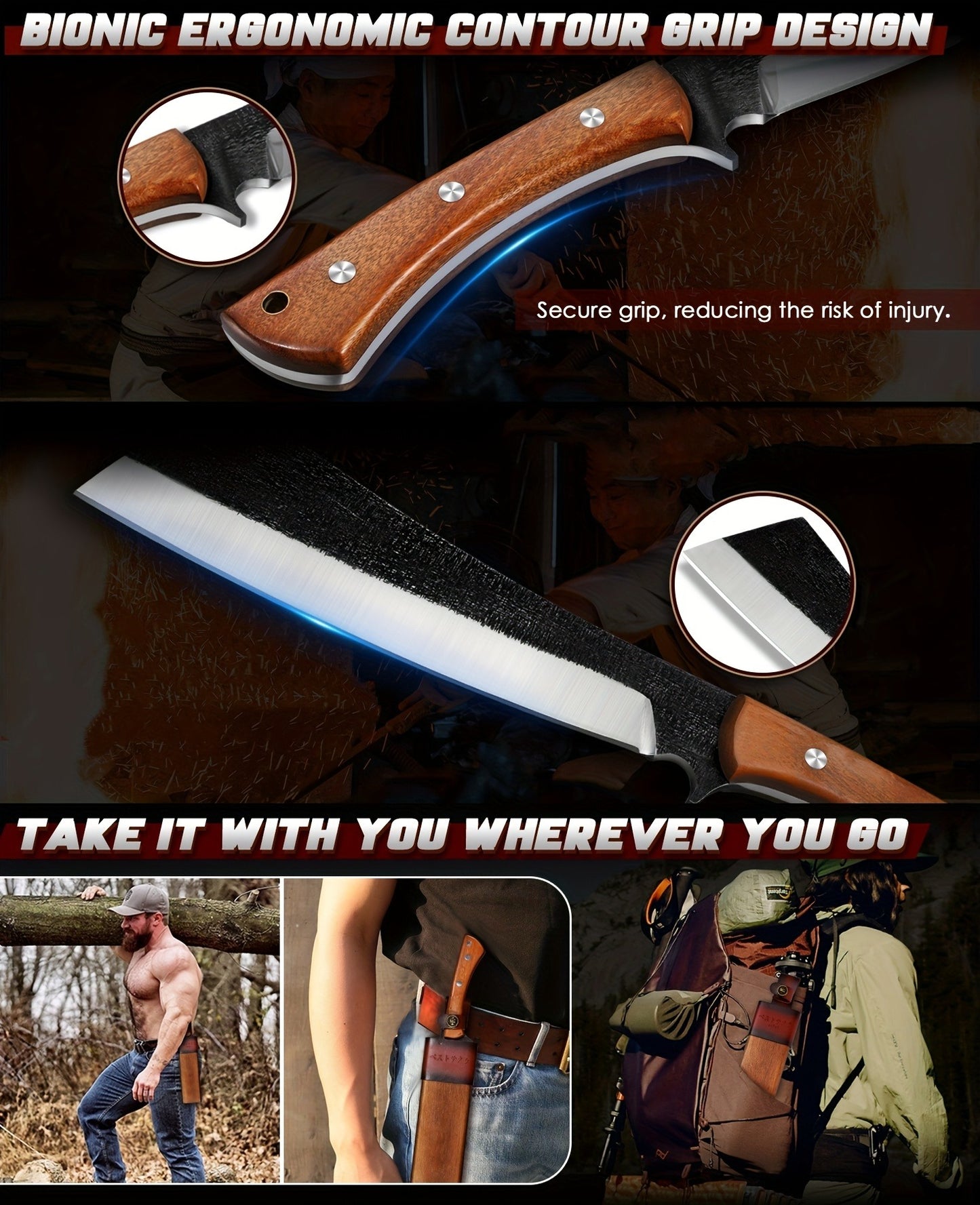 Machete High-Carbon Steel 7.8" Blade with Red Sandalwood Handle, Full Tang Outdoor Knife with Wood & Leather Case for Camping, Hiking, Gardening and Survival
