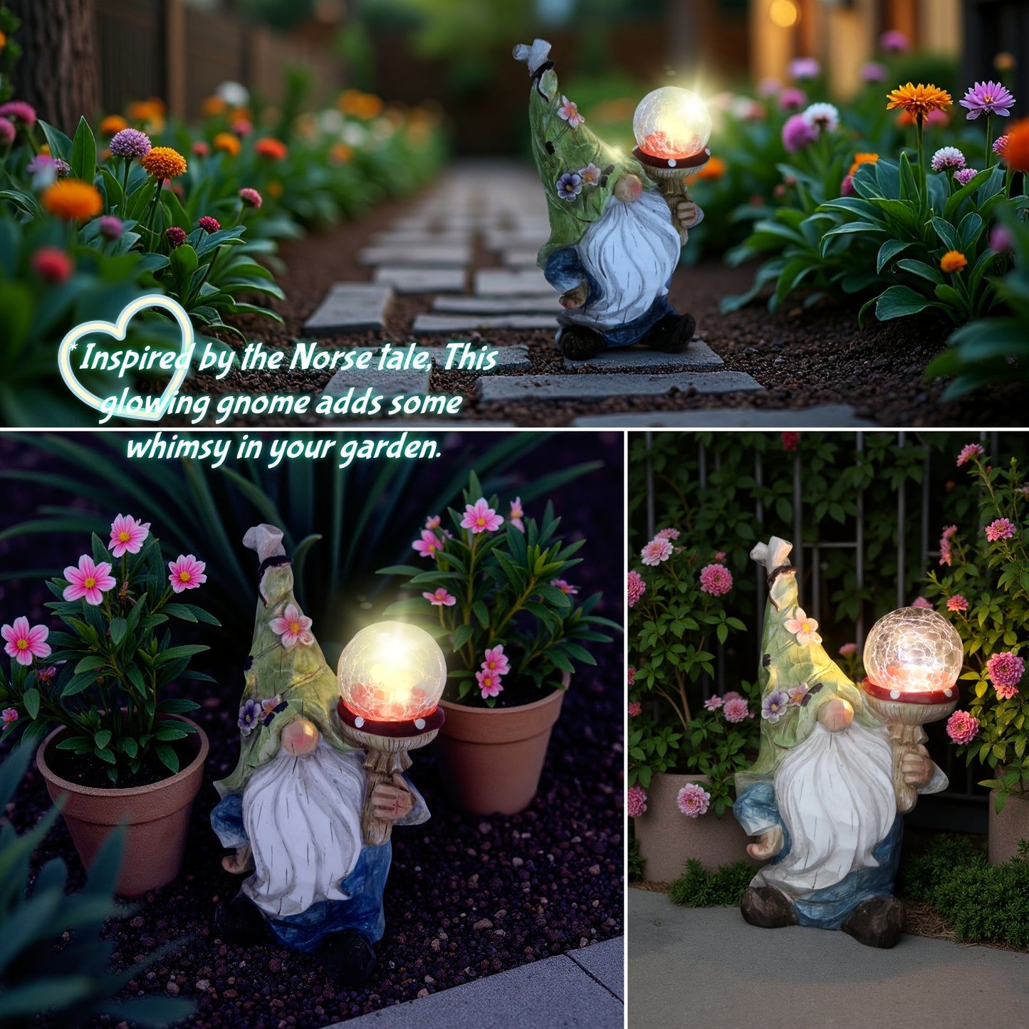 Solar Garden Gnome Statue with LED Magical Ball Light Outdoor Resin Dwarf Sculpture IP44 Waterproof Spring Yard Patio Decor Housewarming Gift