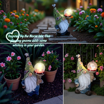 Solar Garden Gnome Statue with LED Magical Ball Light Outdoor Resin Dwarf Sculpture IP44 Waterproof Spring Yard Patio Decor Housewarming Gift